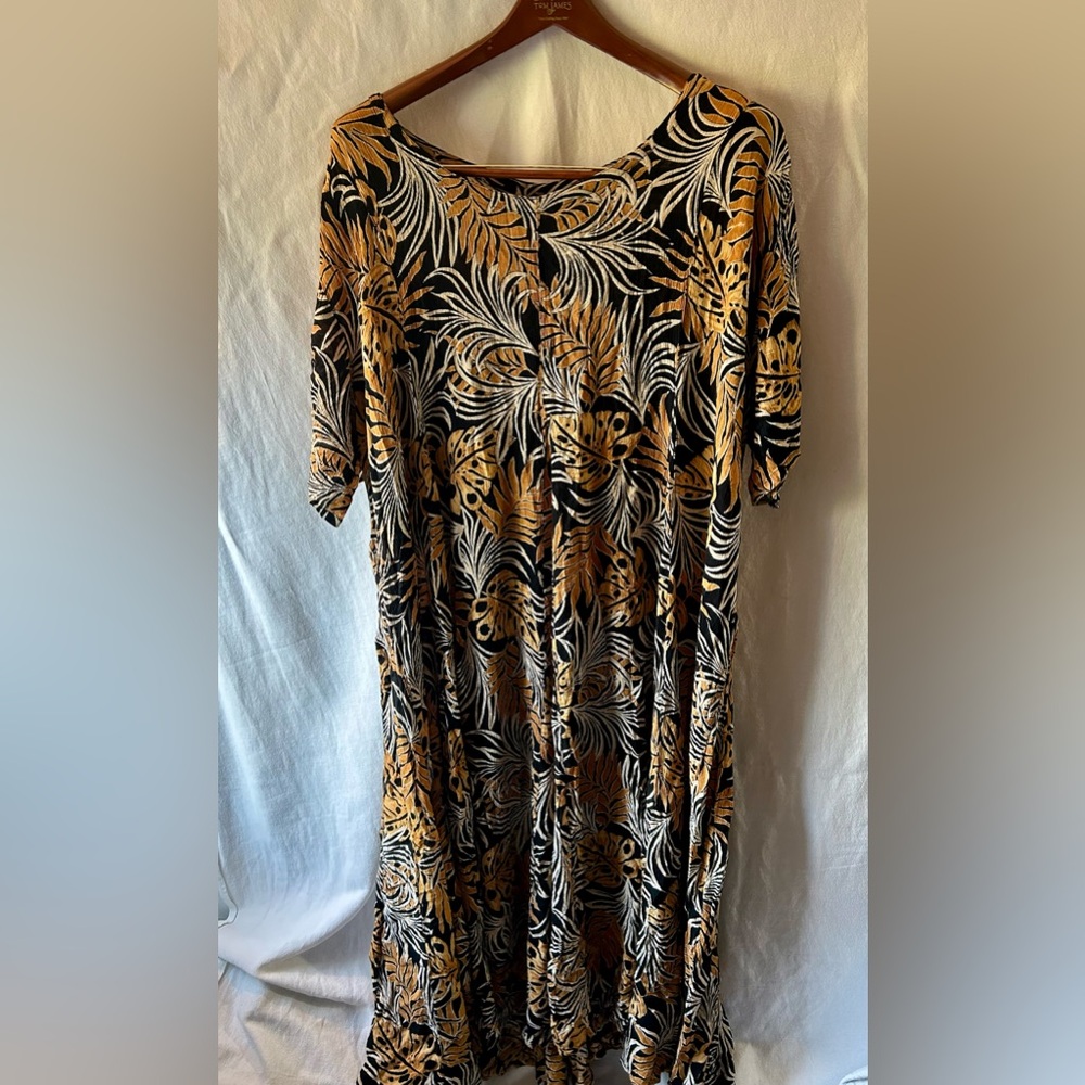 Vintage La DDa 100% Rayon Tropical Botanical Print Midi Dress Black Gold Size 2X